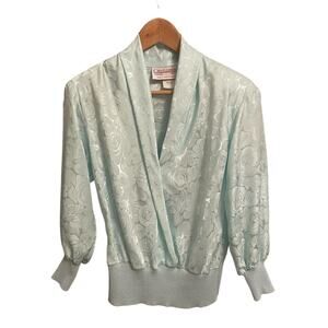 Vintage Sleek Light Blue Floral Patterned Blouse with Elastic Waist Size 12